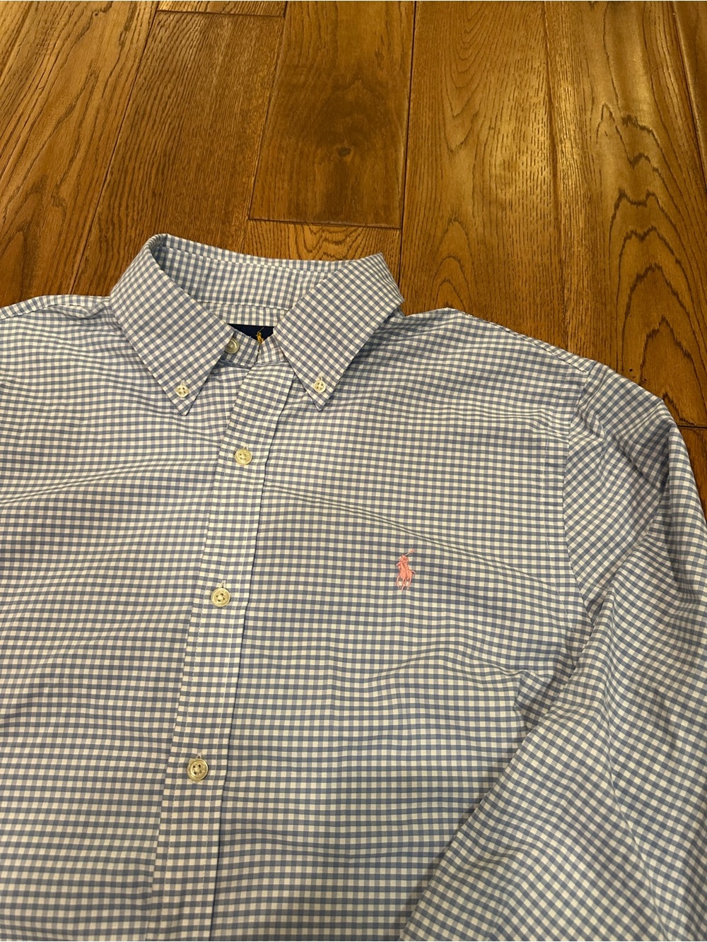 Ralph Lauren Light Blue Gingham Button-Down Shirt with Pink Logo